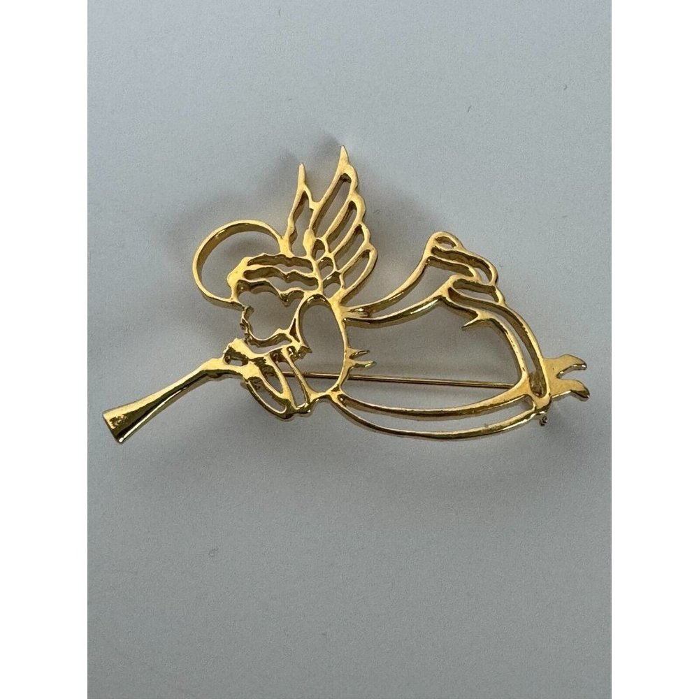 Christmas Angel with Trumpet Brooch Pin Goldtone Outline Holidays Jewelry 2.5" - Picture 3 of 3
